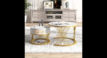Salontafel Set – Bijzettafel – Ronde Tafel – Woonkamermeubel – MDF Marmerprint – Lade Opbergruimte – Metalen Gouden Pooten