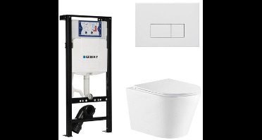 QeramiQ Dely Toiletset - 36.3x51.7cm - diepspoel - rimless - Inbouwreservoir met Geberit UP320 spoelmechanisme - softclose toiletzitting - mat witte bedieningsplaat - rechtehoekige knoppen - wit glans