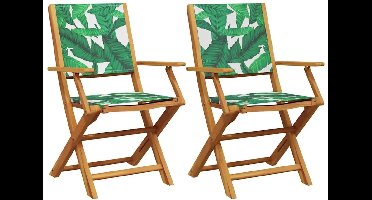 Tuinklapstoel – Set van 2 - Tuinstoel – Opvouwbare Stoelen – Balkonstoelen – Terrasstoelen – Acaciahout – Weerbestendig – Groen Bladmotief - Groen