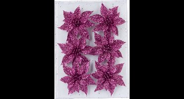 6x stuks decoratie bloemen rozen fuchsia roze glitter op ijzerdraad 8 cm - Decoratiebloemen/kerstboomversiering/kerstversiering