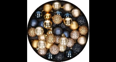 Decoris Kleine kerstballen - 42x st - donkerblauw - champagne - goud - D3 cm - kunststof - kerstversiering