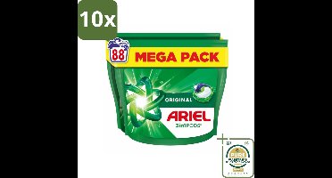 10 x Ariel - 3in1 Wasmiddel Pods - Original - 88 Pods - Grootverpakking - 3-in-1 Wasmiddel - Koud Water Was - Vlekverwijdering - Frisse Geur - Wasmiddel Pod