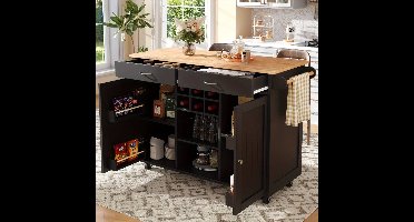 Keukeneiland – Keukentrolley – Keukenkast – Serveerwagen – Eettafelwagen – Mobiel Met Opbergruimte – Compact Design 102x45x92 cm – Duurzaam Niet-Houten Materiaal – Zwart