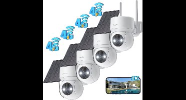 4G LTE Bewakingscamera Met Zonnepaneel TZ3-SNB334 - SIM-kaart – 2K bewakingscamera voor buiten - 2K Ultra HD - draadloos - accu - nachtzicht in kleur - PIR bewegingsdetectie - WIT - 4 stuks