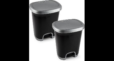 Plasticforte Pedaalemmer - 2x - zwart/ zilver - 18 liter - 33 x 28 x 40 cm - prullenbak