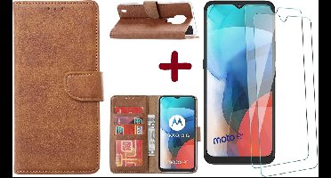 Geschikt voor Moto E7 hoesje - Geschikt voor Moto E7 wallet case portemonnee - Geschikt voor Moto E7 bookcase cover Bruin met - Geschikt voor Moto E7 screenprotector / 2 pack tempered glass