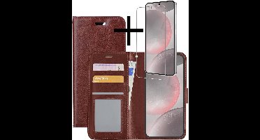 Hoesje - Met Screenprotector - Geschikt voor Samsung Galaxy S24 - Luxe Pasjeshouder - Bookcase Portemonee - Flip Case - Kunstleer Book Case - Flipcase - Book Cover - Walletcase - Portemonneehoes - Bruin