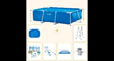 Intex Rechthoekig Frame Zwembad - 220 x 150 x 60 cm - Blauw - Inclusief Onderhoudspakket - Schoonmaakset - Grondzeil - Zwembadfilterpomp - Voetenbad - Ladder - 7-delig