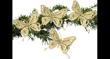 Kerstboomversiering Vlinder - 4x - 14 cm - goud glitter - op clip - ornament