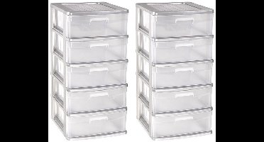 2x stuks ladeblok/bureau organizer met 5x lades grijs/transparant - L40 x B39 x H81 cm - Opruimen/opbergen laatjes
