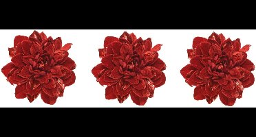 Decoris Kerstboom bloem - 4x stuks - op clip - rood - 16 cm - kunststof - kerstversiering - rode decoratie bloemen