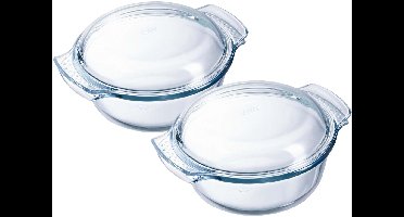 Pyrex Ovenschaal - 2x - 1,3 liter - braadslede - rond met deksel - glas - 21 x 18 x 10 cm