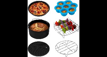 Airfryer accessoireset, geschikt voor alle merken 5,5 l, 6 stuks inclusief taartpan/pizzapan, metalen houder/multifunctioneel rek met spiesjes/siliconen mat/eierbetenvorm met deksel