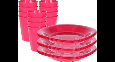 Plasticforte Verjaardag/kinder/camping borden/beker set - 24x stuks - roze - kunststof - onbreekbaar