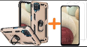 Hoesje Geschikt Voor Samsung Galaxy A12 5G Hoesje kickstand Armor met Ring houder TPU backcover hoesje - Goud met Galaxy A12 screenprotector 2 pack