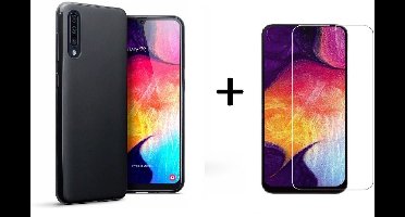 Ntech Hoesje Silicone Hoesje Flexible & Scratch Resistent TPU Case Hoesje Geschikt Voor Samsung Galaxy A50 - Zwart + Glazen Screenprotector