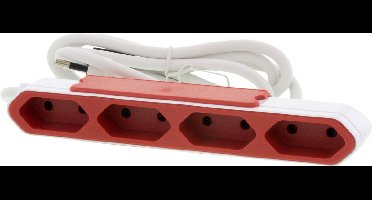 Allocacoc PowerBar EU - 1.5 meter kabel - platte stekkerdoos - Wit/Rood - geschikt voor 4 niet geaarde Euro stekkers