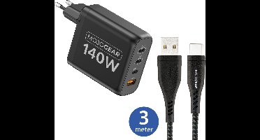 MOJOGEAR CHARGE+ 140 Watt oplader met USB naar USB-C kabel 3 meter
