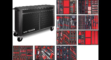Gevulde brede, zwarte gereedschapswagen XL 514-delig MW Tools MWE512G4B