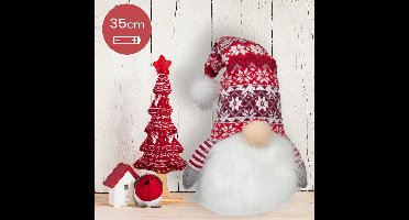 Handgemaakte witte Gnoom met LED verlichting en sierlijke rode muts - 35(60)cm