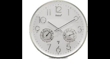 Mebus radiogestuurde wandklok met thermometer en hygrometer, stil, zilveren frame, wit, model 12989 - Precisie en comfort