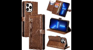 LuxeBass Hoesje geschikt voor Apple iPhone 13 Pro - Boekhoesje - DonkerBruin - Vintage portemonne hoes met ritssluiting gsm hoesje - telefoonhoes - telefoonhoesjes