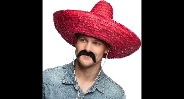 Smiffys Mexicaan Carnaval verkleed set - Grote sombrero hoed rood - Dia 49 cm - met plaksnor - heren