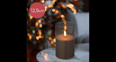 LED kaars cedar bruin met rook grijs glas en vlam effect - 7,5 x 12,5cm - voor binnen