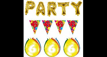 Folat - Verjaardag feestversiering 6 jaar PARTY letters en 16x ballonnen met 2x plastic vlaggetjes