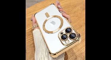 Hoesje Geschikt voor iPhone 14 Pro Max Magsafe hoes backcover – Lens beschermer – Transparant / Goud