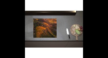 Inductieplaat Beschermer - Bovenaanzicht van Weiland op Bergen tijdens Zonsopkomst - 60x50 cm - 2 mm Dik - Inductie Beschermer - Bescherming Inductiekookplaat - Kookplaat Beschermer van Wit Vinyl