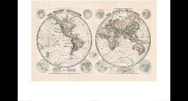 Kunstdruk Stanfords - Eastern and Western Hemispheres Map 1877 60x80cm
