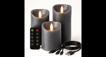 FlinQ Oplaadbare LED Kaarsen met Bewegende Vlam - Inclusief Afstandsbediening met Timer en Dimfunctie - Nep Kaarsen met Flikkerende Vlam - Dinerkaarsen Oplaadbaar - 3 stuks - Antraciet