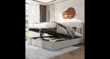 Baumwolle-Leinen kussenbed 160 x 200 cm - Met hydraulische hendel - Met opbergruimte in bedkasten - Met knoopjesversiering, zonder matras, lichtgrijs