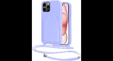 Hoes Geschikt voor iPhone 15 Pro Hoesje Pasjeshouder Cover Met Koord Case Siliconen Hoes Met Telefoonkoord en Kaarthouder - Lila