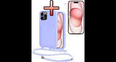 Hoes Geschikt voor iPhone 15 Pro Max Hoesje Pasjeshouder Cover Met Koord Case Siliconen Hoes Met Telefoonkoord en Kaarthouder Met Screenprotector - Lila