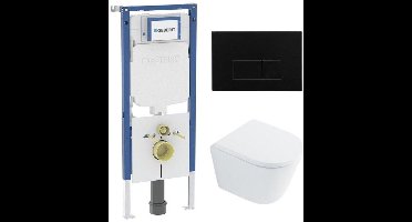 QeramiQ Dely Toiletset - 36.3x51.7cm - diepspoel - rimless - Geberit UP720 inbouwreservoir - softclose toilet zitting 35 mm - kunstof mat zwarte bedieningsplaat - rechthoekige knoppen - wit glans