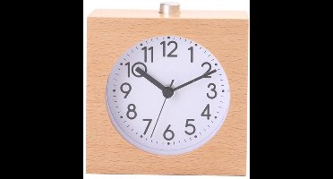 Houten wekker met nachtlampje - Vierkant, natuurlijke houtkleur - Stil, tikt niet - Sluimerfunctie - Werkt op batterijen, voor mensen die diep slapen Slaapkamer