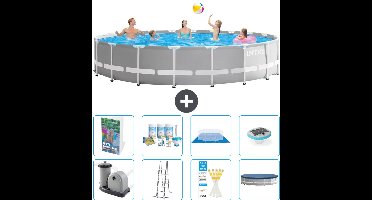 Intex Rond Prism Frame Zwembad - 610 x 132 cm - Grijs - Inclusief Pomp - Ladder - Grondzeil - Afdekzeil - Onderhoudspakket - Verlichting - 9-delig