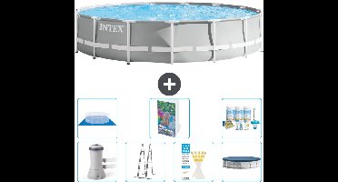 Intex Rond Prism Frame Zwembad - 457 x 107 cm - Grijs - Inclusief Pomp - Ladder - Grondzeil - Afdekzeil Onderhoudspakket - 8-delig