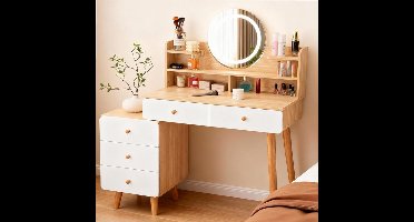 Make-uptafel met led-spiegel, make-uptafel met 5 laden en 6 legplanken, 40 x 80 x 134 cm, kaptafel met uittrekbare opslag, moderne stijl van hout, wit