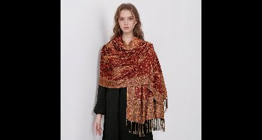 Dames Sjaal Voor Herfst/winter - Jacquard Sjaal Met Franjes En Paisleypatroon - Elegante En Zachte Damessjaal - Lange Imitatie Kasjmier Damessjaal - 70 x 180 cm,Oranjerood