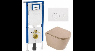 QeramiQ Dely Toiletset - 36.3x51.7cm - diepspoel - rimless - Geberit UP720 inbouwreservoir - softclose toilet zitting - glans witte bedieningsplaat - ronde knoppen - mat beige