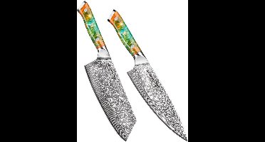 Nakiri mes – Groentemes – Koksmes – Hakmes – Damastmes – Set van 2 – VG10 Damaststaal – Resin Handvat