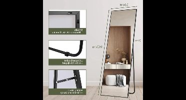 Passpiegel - Speigel - Passpiegel Staand - 162x53cm - Zwart Aluminium Frame – Rechte Hoek – Vrijstaand of Wandmontage