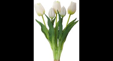 Kunsttulpen Als Echt, Nep Tulpenbundel Met 3 Bloemen En 2 Tulpknoppen, Kunstbloemen Met Verstelbare Stelen, Kunstbloemen, Lentedecoratie Voor Bruiloft, Tafel - Wit