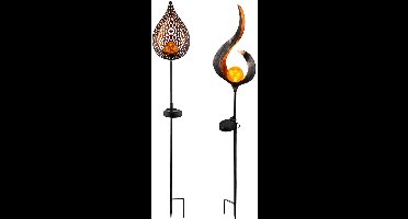 Tuindecoratie solarlamp steeklamp LED buitenlamp grondspieslamp tuinlamp, vlamdesign, LED, H 90 cm, set van 2