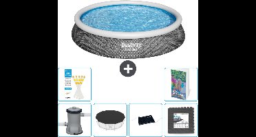 Bestway Rond Opblaasbaar Fast Set Zwembad - Rotanprint - 396 x 84 cm - Inclusief Pomp Afdekzeil - Solar Mat - Vloertegels - 7-delig