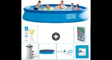 Intex Rond Opblaasbaar Easy Set Zwembad - 457 x 84 cm - Blauw - Inclusief Pomp Afdekzeil - Schoonmaakset - Vloertegels - 7-delig