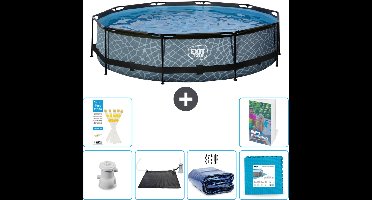 EXIT Rond Stone Frame Zwembad - 360 x 76 cm - Inclusief Pomp Solar Mat - Solarzeil - Vloertegels - 7-delig